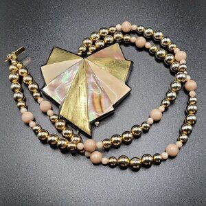 Vintage Carla Jordan Statement Necklace Thermoset 24"-27" Abalone Gold On Black